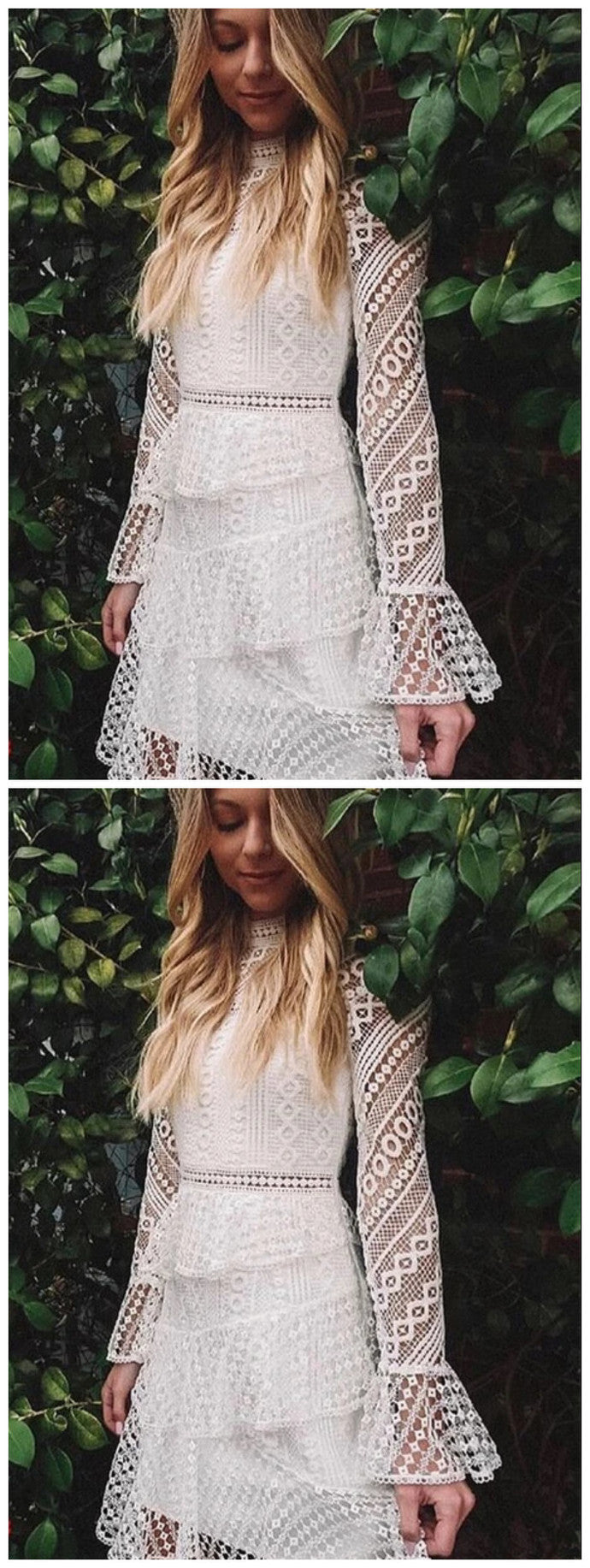 A-Line High Neck Above-Knee White Lace Homecoming Dress cg10054