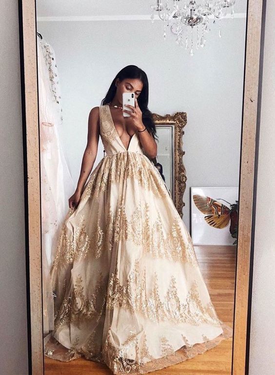 Gorgeous A Line V Neck Champagne Long Prom Dresses with Appliques cg10073