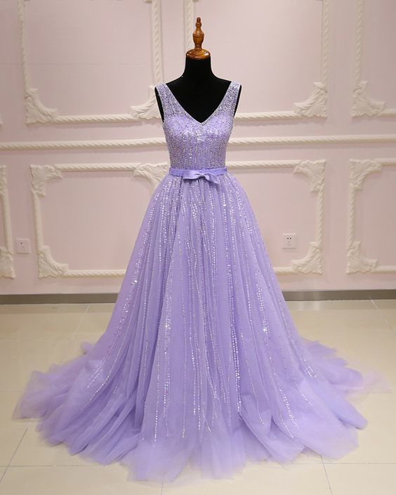 Lavender tulle V neck long customize A-line sequins senior prom dress with bowknot cg10074