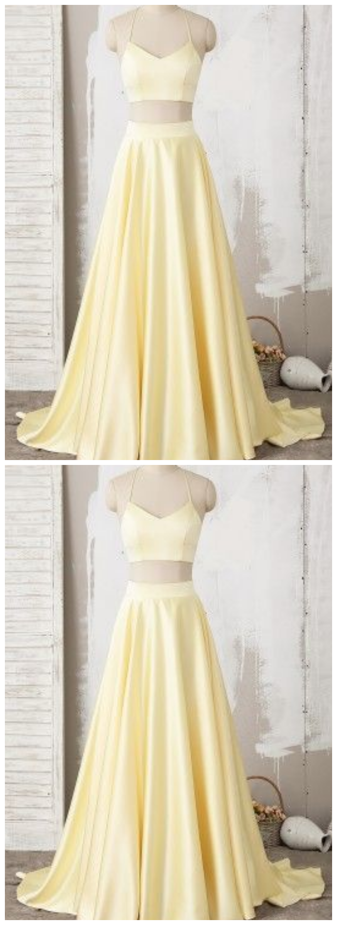 Yellow Two Piece Halter Lace Satin Long Prom Dress cg10078