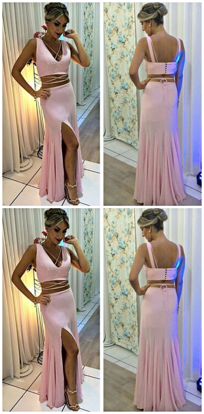 Beautiful Simple Pink Two Piece V Neck Slit prom dress cg10079