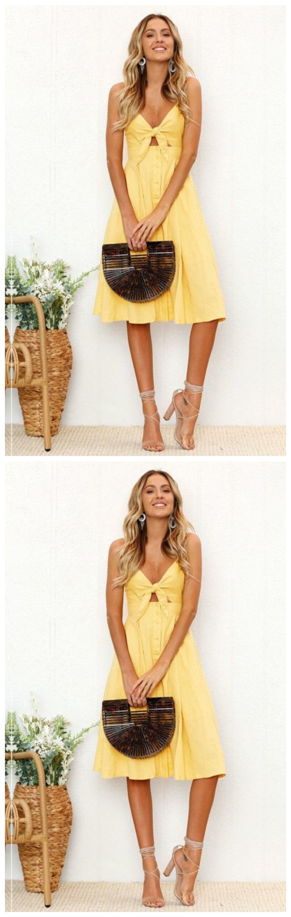 Cute Straps Yellow Tie Front Dress, Back to School Dress, Short Homecoming Dress cg10080
