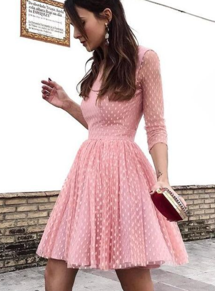 Pink Round Neck Long Sleeves Open Back Homecoming Dresses Cocktail Dresses cg10083