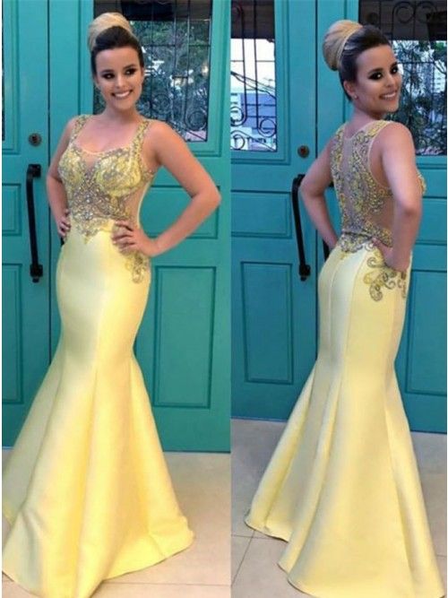 Mermaid Square Neck Floor-Length Yellow Satin Prom Dress with Beading cg10092