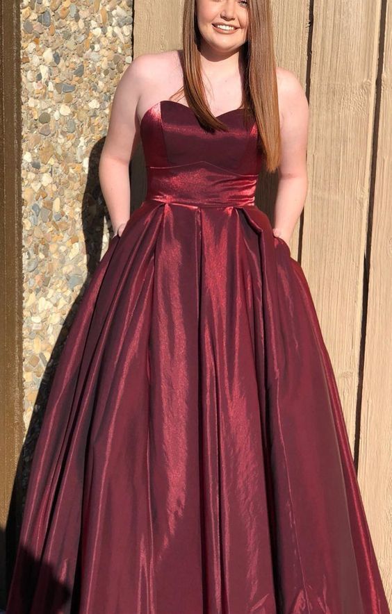 Strapless Burgundy Long Prom Dresses with Pockets cg10097