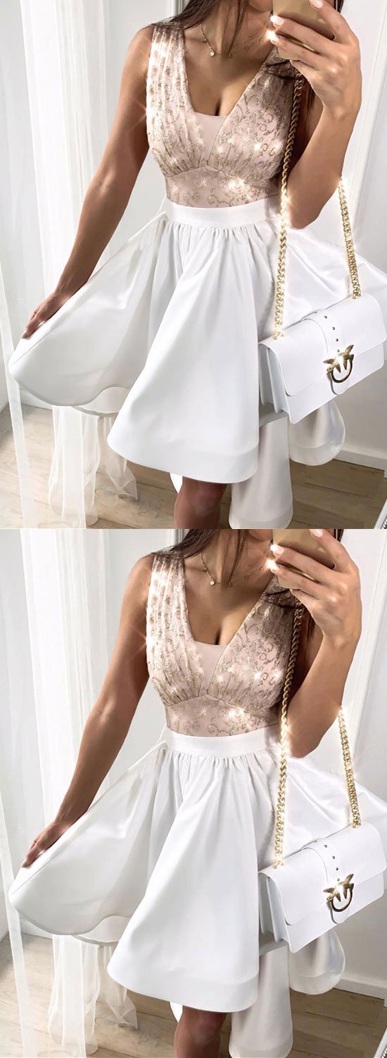 White v neck sequins short dress, homecoming dress cg1010