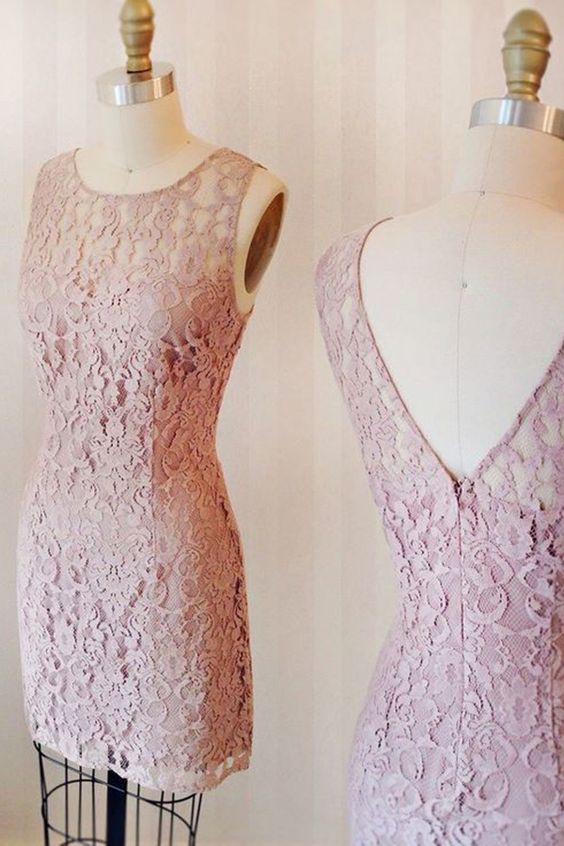 Sheath Crew Knee-Length Pink Lace Homecoming Dress cg10104
