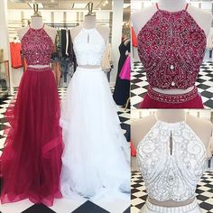 Special A-Line Burgundy/White Prom Dress - Two Piece Square Keyhole Asymmetry Beading cg10135
