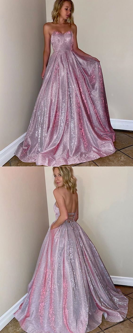 Sweetheart Pink Sparkle Metal Long Prom Dress with Pockets cg10139