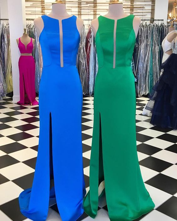 Simple Sheath Jewel Satin Long Formal prom Dress with Side Slit cg10140