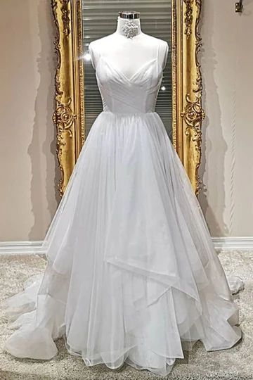 Simple White Tulle V Neck Spaghetti Straps Long Prom Dress cg10144