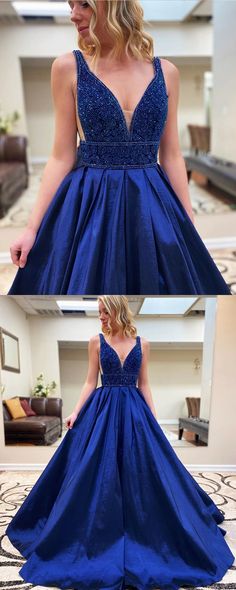 V-neck Royal Blue Beading Bodice Satin Prom Dress with Pockets cg10151