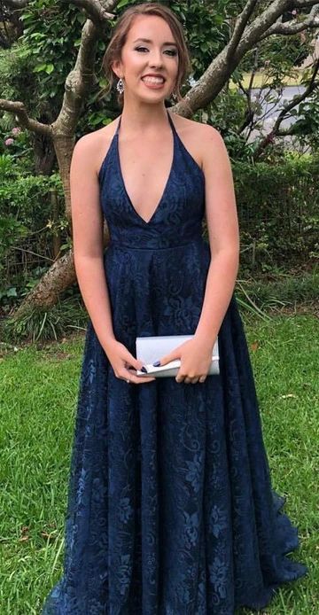 navy blue lace long prom dress, evening dress with halter neckline cg10221