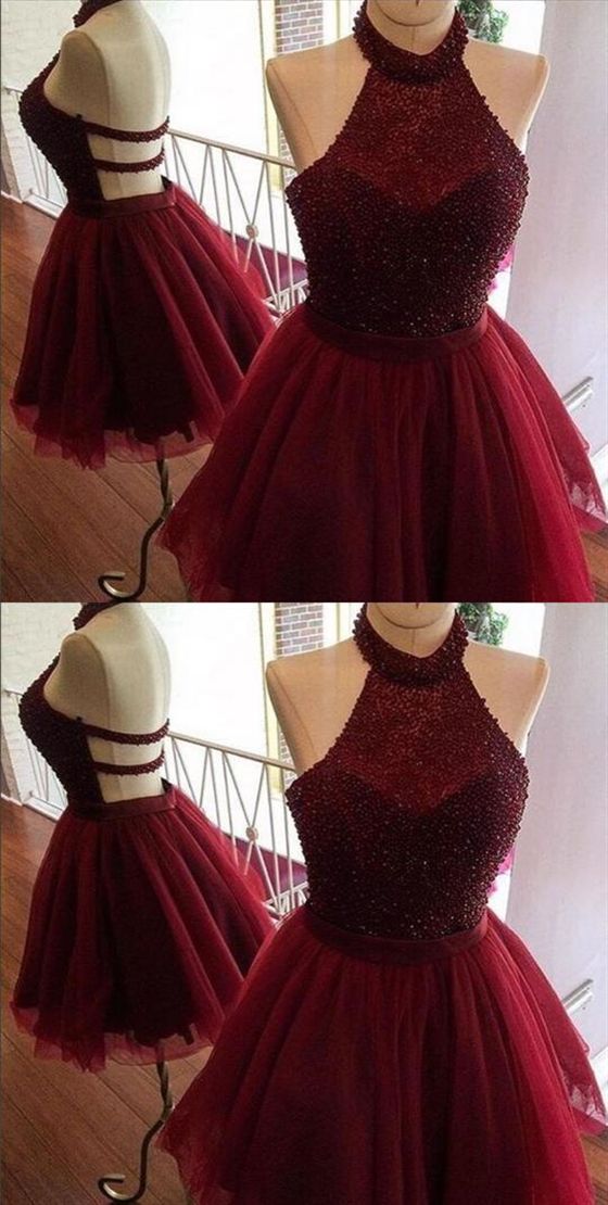 Burgundy Halter Sleeveless Backless Homecoming Dresses Short Cocktail Dresses cg10224
