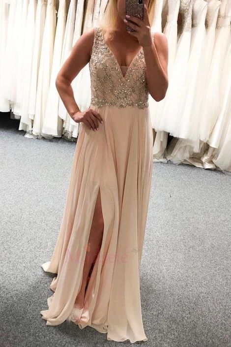 Peach V Neck Chiffon Long Prom Dress with Slit cg10233