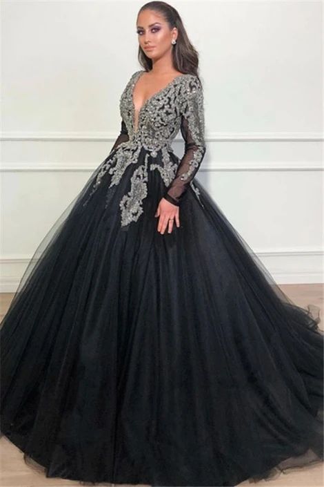 Black Ball Gown Deep V-Neck Long Sleeves Appliques Overskirt Evening Dresses Prom Dress cg10234