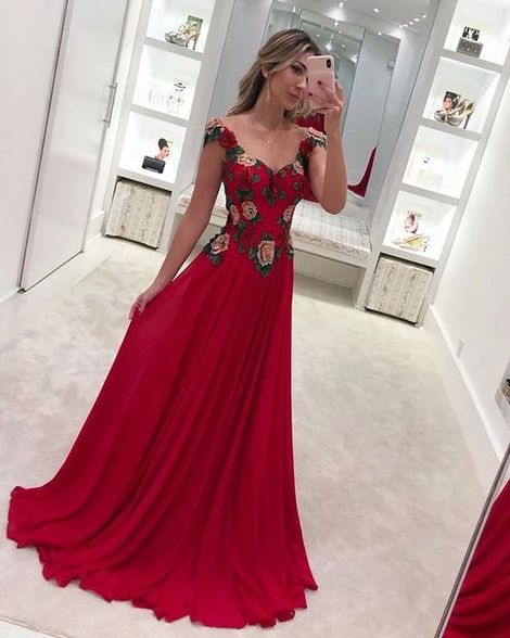 Long A Line Red Prom Dress with Flower, V Neck Satin Evening Party Gown cg10235