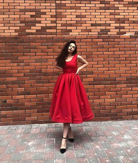 Red Simple Straps Tea Length Prom Dress cg10236