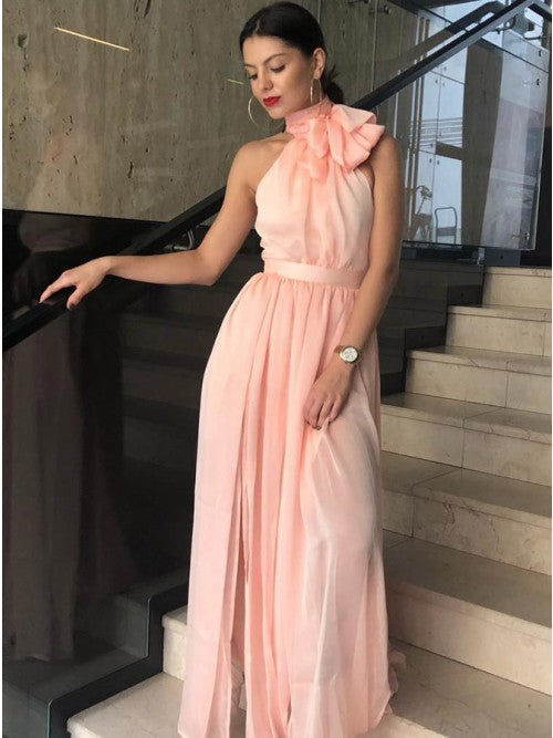 pink prom dress A-Line High Neck Pink Chiffon prom dress cg10256