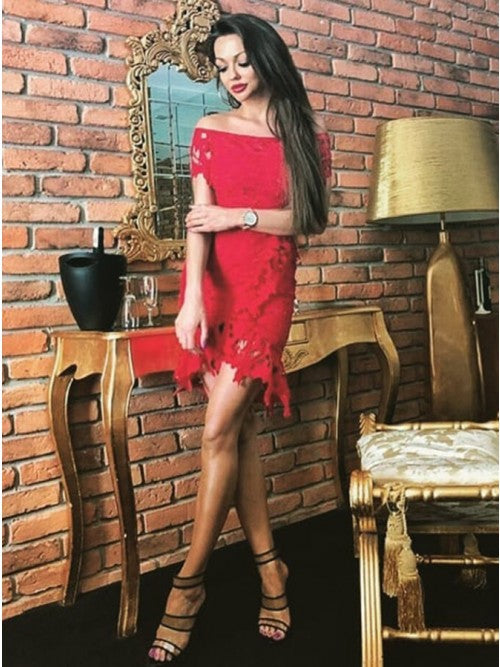 Off the Shoulder Red Lace Short Fitting Homecoming Dress cg10259