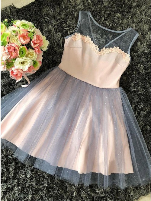 A-Line Round Neck Pink Tulle Homecoming Dress with Appliques cg10264