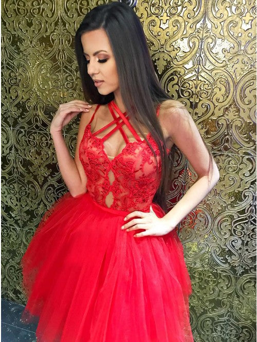 A-Line Cross Neck Red Tulle Homecoming Dress with Lace cg10268
