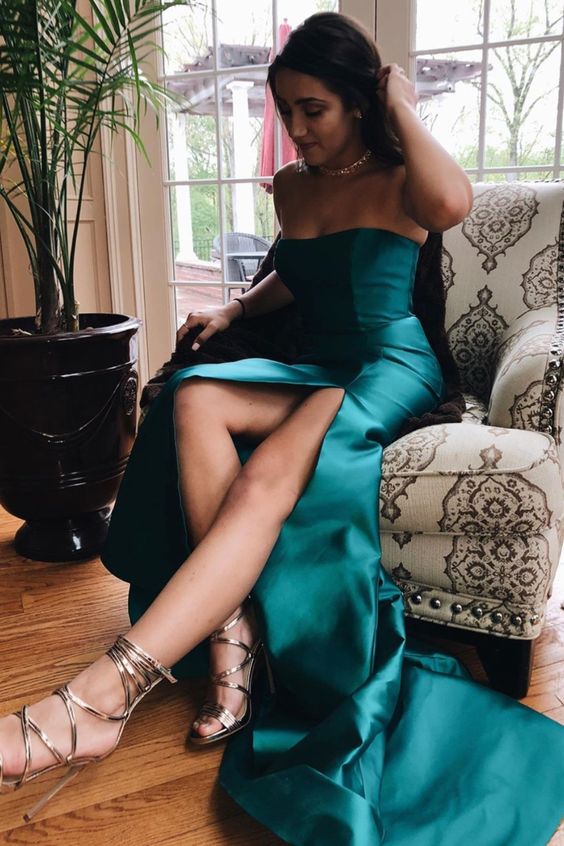 turquoise strapless mermaid long prom dress with side slit cg10276
