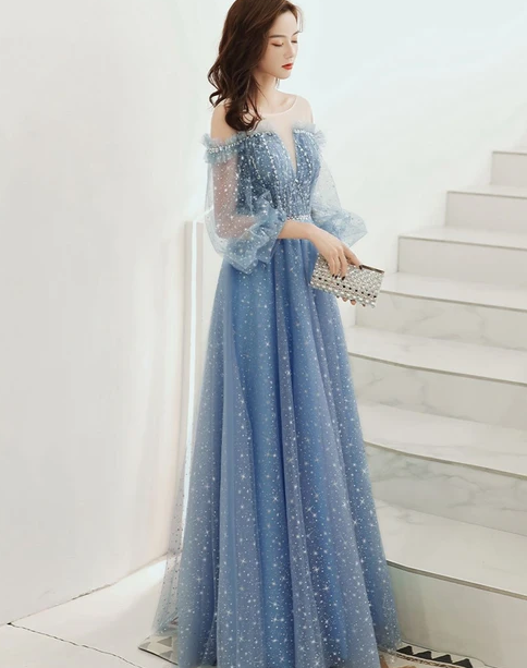 2021 BLUE ROUND NECK TULLE SEQUIN LONG PROM DRESS TULLE EVENING DRESS cg10278