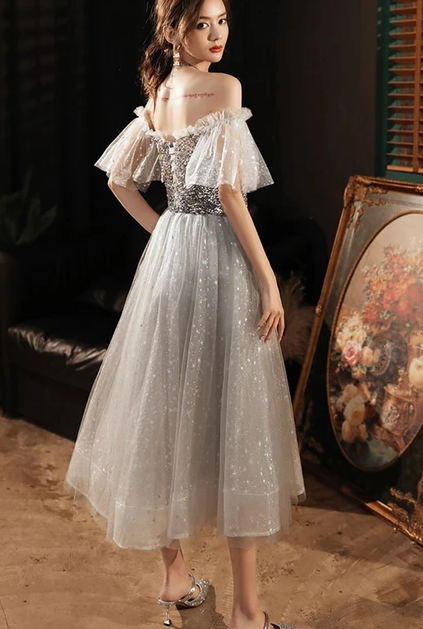 2021 GRAY TULLE SEQUIN SHORT PROM DRESS GRAY cg10279