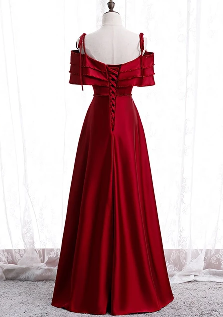 2021 BURGUNDY SATIN BEADS LONG PROM DRESS BURGUNDY EVENING DRESS cg10280
