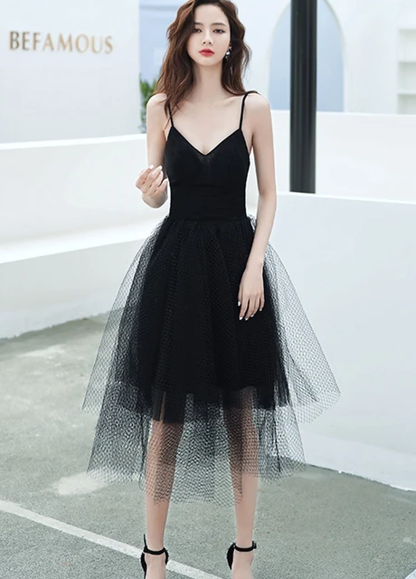 SIMPLE BLACK V NECK TULLE SHORT PROM DRESS BLACK SHORT EVENING DRESS cg10282