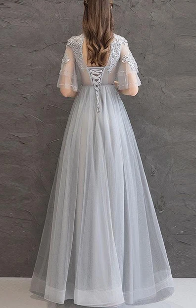 CUTE GRAY LACE TULLE LONG PROM DRESS GRAY TULLE LACE FORMAL DRESS cg10286