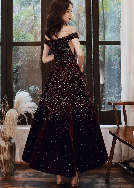CUTE BURGUNDY SEQUIN TEA LENGTH PROM DRESS BURGUNDY EVENING DRESS cg10289