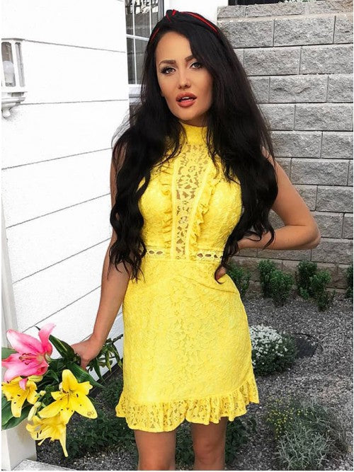 Sheath High Neck Yellow Lace Homecoming Dress cg10290