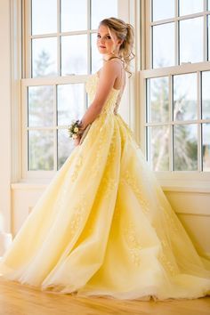 puffy A-line yellow long prom dress with lace up back and straps neckline cg10298