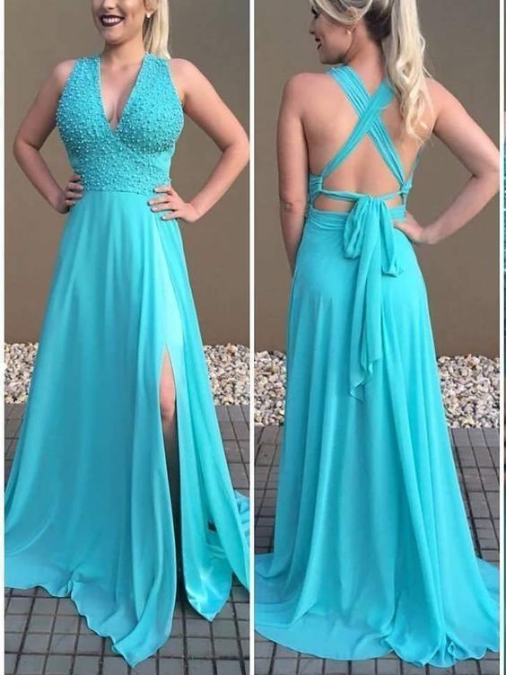 Chiffon A Line Blue V Neck Beaded Side Slit Criss Cross Lace Up Back Prom Dresses cg10301