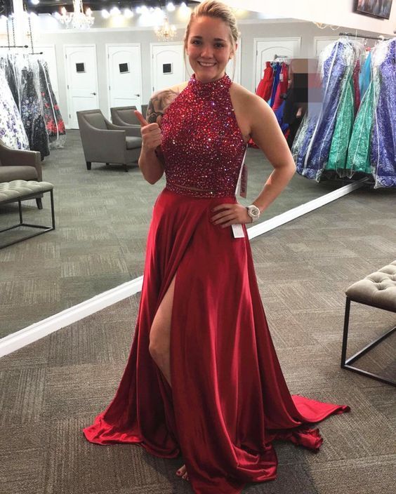 Red Prom Dress with Beading,Two Pieces Prom Dress with Slit,Long Formal Party cg10309