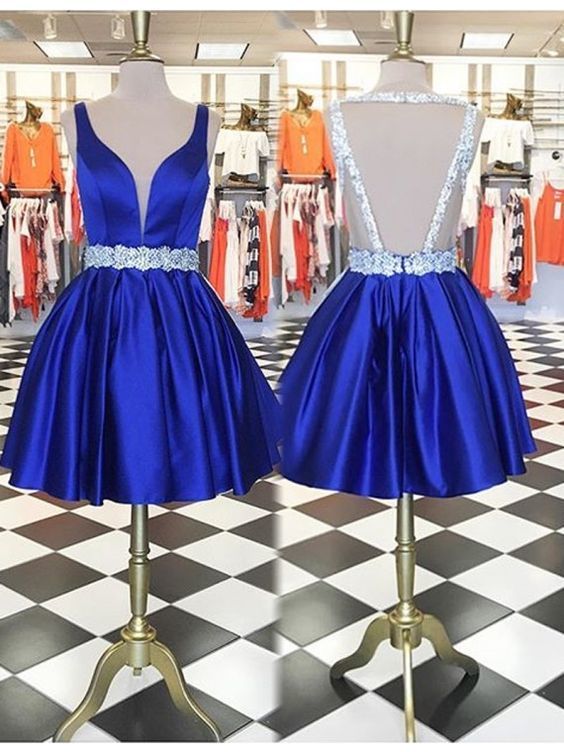 A-Line Royal Blue Sleeveless Backless Satin Homecoming Dress cg10311