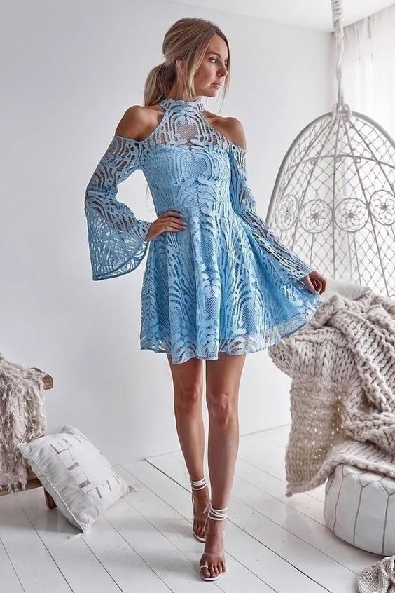Charming Long Sleeve Blue Lace Halter Homecoming Dresses Sweet 16 Dresses cg10312