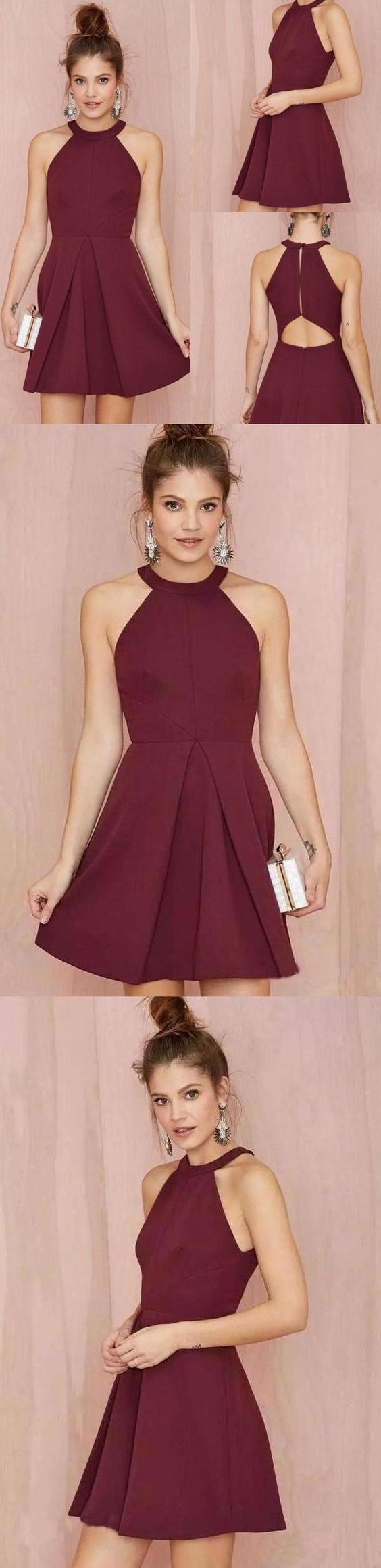 Cheap A Line Burgundy Short Dress Satin Knee Length Sleeveless Homecoming Dress cg10315