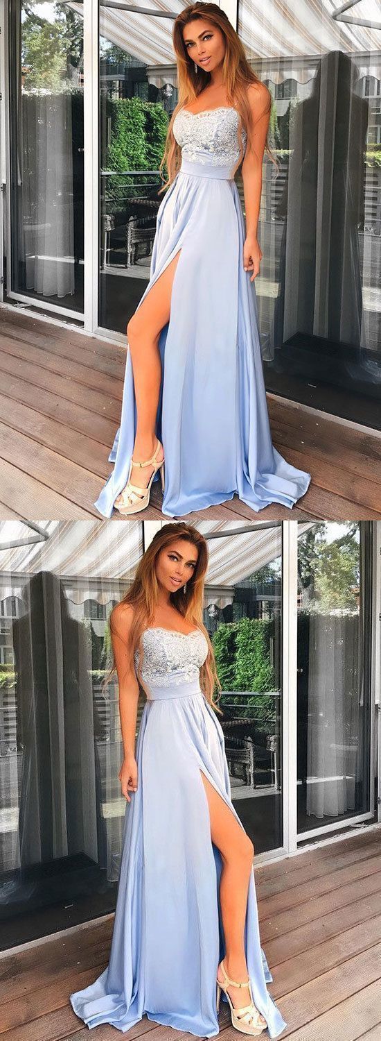 Light Blue Appliques Long Prom Dress, Slit Chiffon Evening Dress cg10317