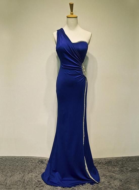 Royal Blue One Shoulder Floor Length Beaded Prom Dress cg10340
