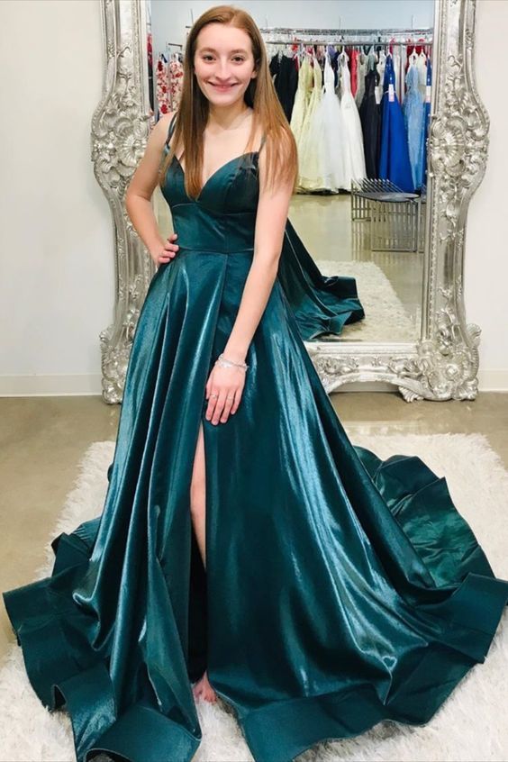 Turquoise Color with spaghetti straps and side slit prom dress cg10342