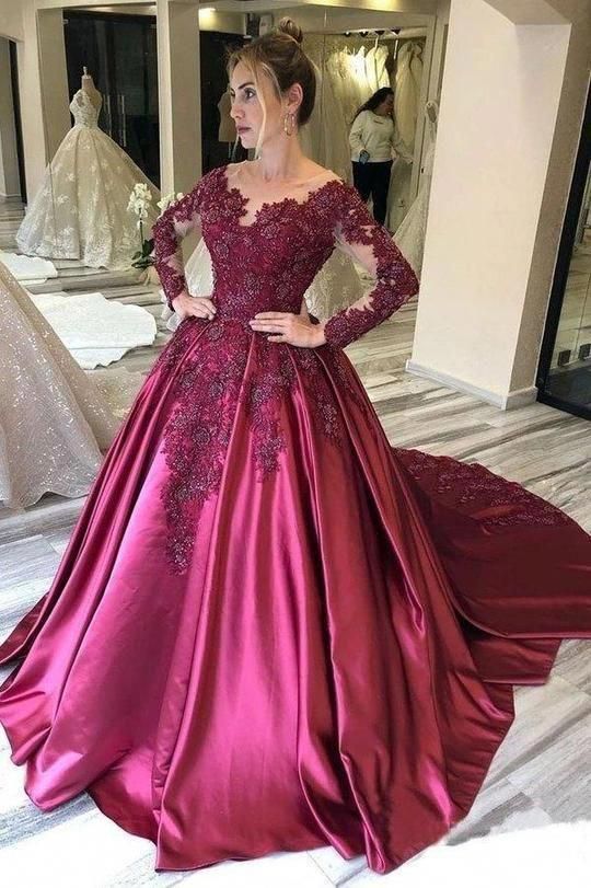 Cheap Ball Gown Long Sleeves Burgundy Satin Beads Prom Dresses with Appliques Quinceanera Dress cg10353