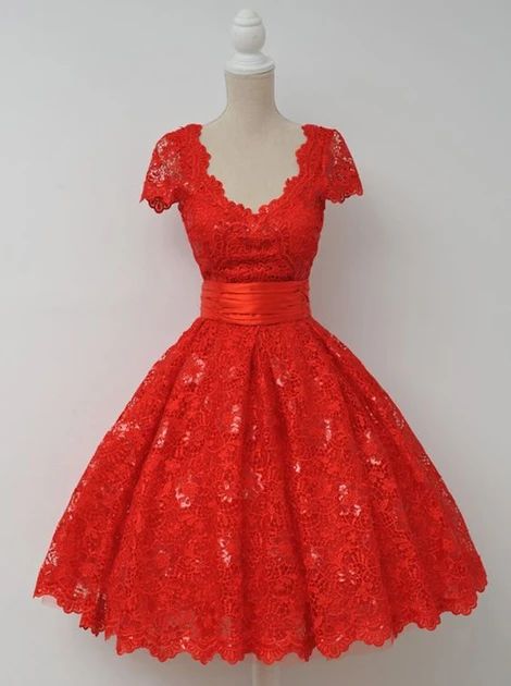 Vintage V-neck Cap Sleeves Knee-Length Backless Red Lace Homecoming dress cg10365
