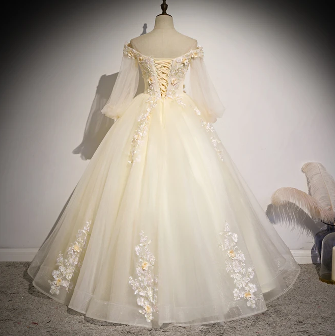 Beautiful Ivory Tulle Long Sleeves Floral Sweet 16 Gown, Party Gowns prom dress cg10387