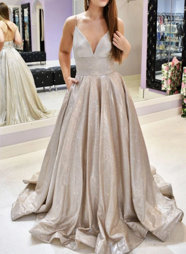 Champagne v neck long prom dress champagne evening dress cg10392