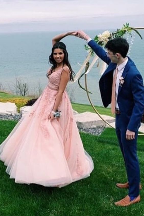 princess Pink A-line tulle and lace appliques long prom dress formal dress cg10400