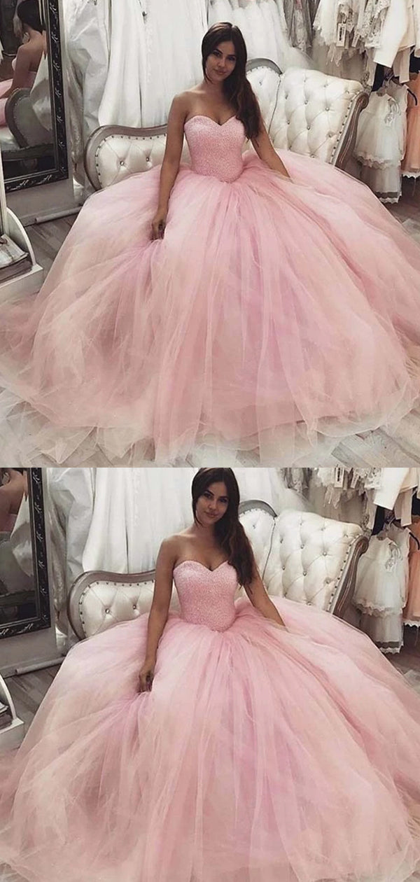 Sweetheart Long Pink Beaded Tulle Prom Dresses, Lovely Prom Dresses cg10401