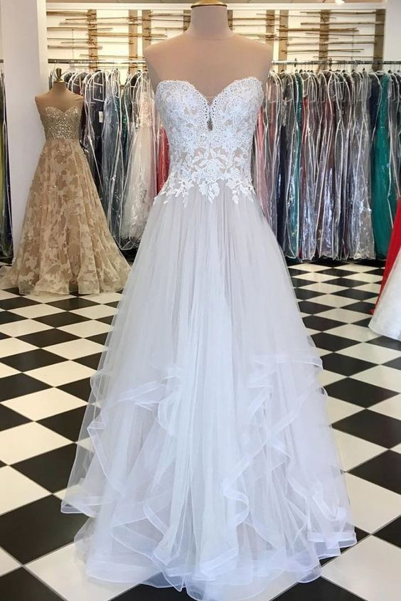 WHITE SWEETHEART NECK TULLE LACE APPLIQUE LONG PROM DRESS cg10408